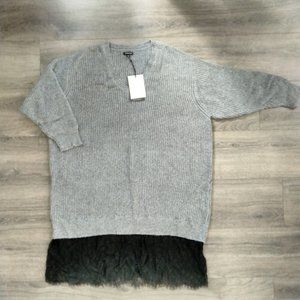 NWT Who What Wear Gray Charcoal Sweater Dress Heather with Lace Trim 3X V-Neck